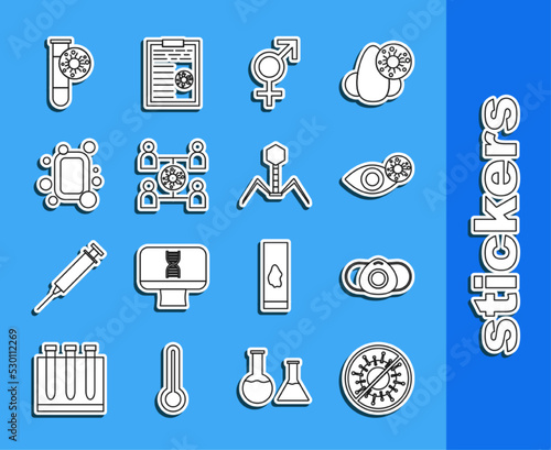 Set line Stop virus, Medical protective mask, Reddish eye due, Gender, Virus spread, Bar of soap, Test tube with and Bacteria bacteriophage icon. Vector