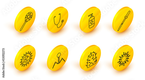 Set line Virus, Rabies virus, Bacteria bacteriophage, Pipette, Bottle of liquid antibacterial soap, Stethoscope and under magnifying glass icon. Vector