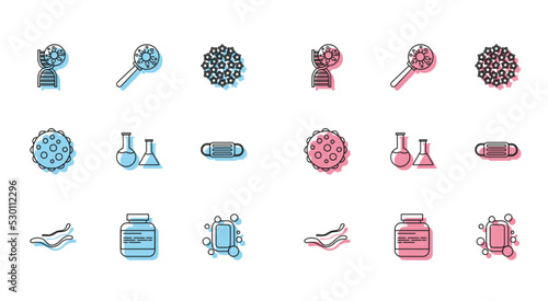 Set line Ebola virus disease, Medicine bottle and pills, DNA symbol, Bar of soap, Test tube flask, Medical protective mask, Virus and under magnifying glass icon. Vector