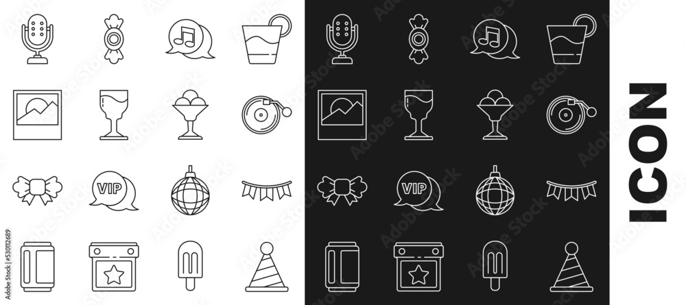 Set line Party hat, Carnival garland with flags, Vinyl player disk, Musical note speech bubble, Wine glass, Photo, Microphone and Ice cream bowl icon. Vector Set line Party hat, Carnival garland with flags, Vinyl player disk, Musical note speech bubble, Wine glass, Photo, Microphone and Ice cream bowl icon. Vector