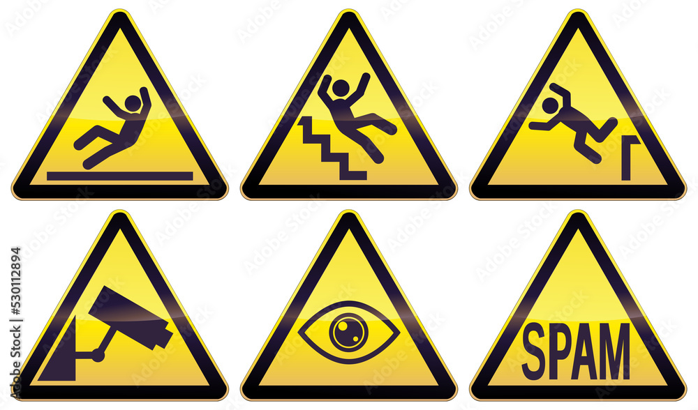 Collection of black and yellow triangular warning signs of various dangers, such as falling down stairs, falling down a hole, falling on a slippery floor, surveillance, spam and video surveillance Collection of black and yellow triangular warning signs of various dangers, such as falling down stairs, falling down a hole, falling on a slippery floor, surveillance, spam and video surveillance