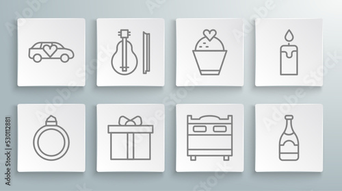 Set line Diamond engagement ring, Violin, Gift box, Bedroom, Champagne bottle, Wedding cake with heart, Burning candle and Limousine car icon. Vector