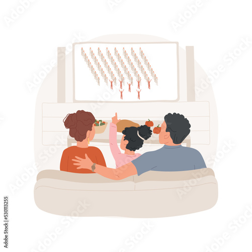 Watching parade isolated cartoon vector illustration. People sitting on sofa, family watching Macys parade on TV together, public holiday, Thanksgiving Day celebration tradition vector cartoon.