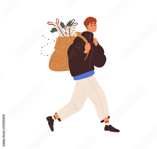 Happy person going with Christmas purchases in backpack outdoors. Man carrying gift boxes, presents, Xmas decoration for winter holidays. Flat vector illustration isolated on white background