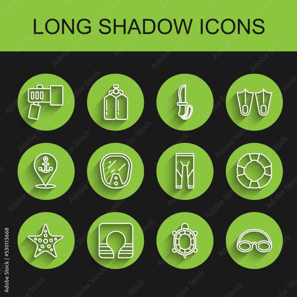 Set line Starfish, Life jacket, Flashlight, Turtle, Glasses and cap, Diving mask, Lifebuoy and Wetsuit icon. Vector Set line Starfish, Life jacket, Flashlight, Turtle, Glasses and cap, Diving mask, Lifebuoy and Wetsuit icon. Vector