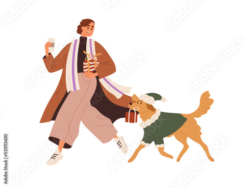 Woman and dog in holiday costume go with Christmas gift box, present on street. Modern girl walking with takeaway coffee and cute doggy. Flat graphic vector illustration isolated on white background
