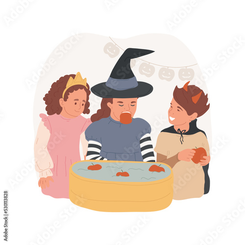 Bobbing for apples isolated cartoon vector illustration. Smiling kids in costumes play bobbing for apples, holiday games for children, Halloween celebration, old traditions vector cartoon.