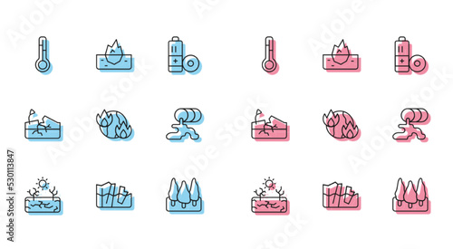 Set line Drought, Glacier melting, Meteorology thermometer, Forest, Global warming fire, Barrel oil leak, Earthquake and Iceberg icon. Vector