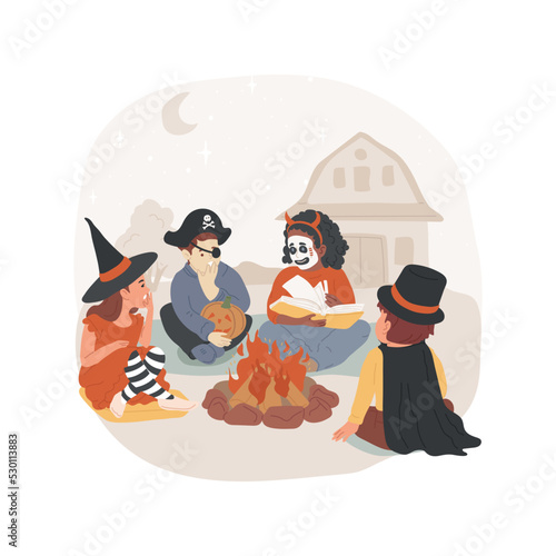 Spooky stories isolated cartoon vector illustration. Scary kids holding a book and discussing spooky campfire stories, Hallowen holiday old tradition, listening to scary legends vector cartoon.