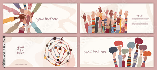 Banner Hand up group of diversity women and girls. Women in circle top view of diverse culture. Female social network community. Racial equality. Allyship. Empowerment. Poster - template