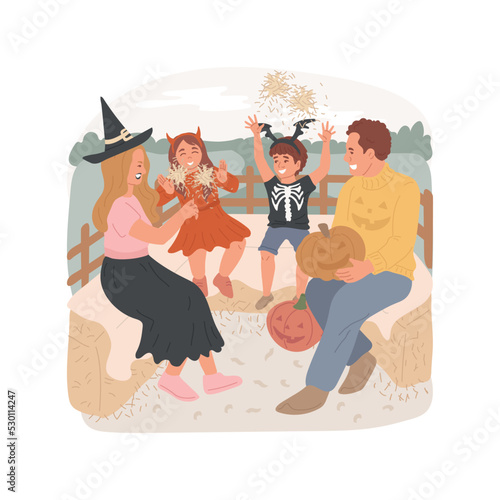 Hayride isolated cartoon vector illustration. Smiling and cheerful family members having hayride together, pumpkin decoration, Halloween holiday celebration, spooky spirit vector cartoon.