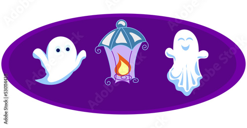 Painted set for Halloween. Ghost and a burning lantern. Isolated element for the design and decoration of postcards, banners, invitations, party. Cartoon style for kids.