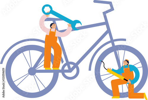 Two men holding wrench and bike pump in their hands. Bicycle silhouette. Bike service. Textured flat illustration.