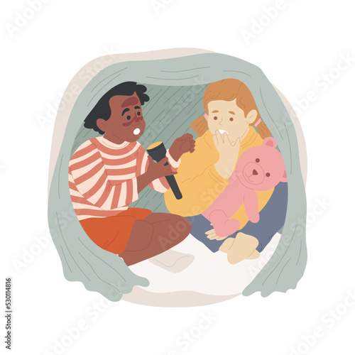 Horror stories isolated cartoon vector illustration. Nighttime children horror stories, sleepover storytelling, telling ghost story, kids hiding under the blanket with a torch vector cartoon.