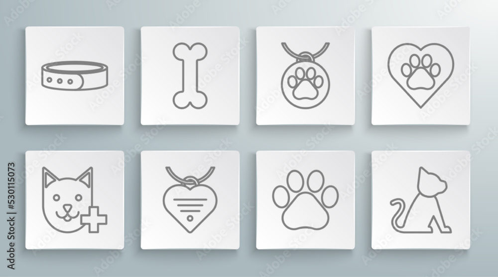 Set line Veterinary clinic symbol, Dog bone, Collar with name tag and heart, Paw print, Cat, Heart animals footprint and icon. Vector Set line Veterinary clinic symbol, Dog bone, Collar with name tag and heart, Paw print, Cat, Heart animals footprint and icon. Vector