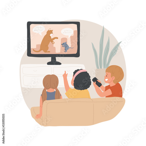 Kids watching cartoons isolated cartoon vector illustration. Children sitting on couch, cartoons on screen, holding remote control, kids home entertainment, family leisure time vector cartoon.