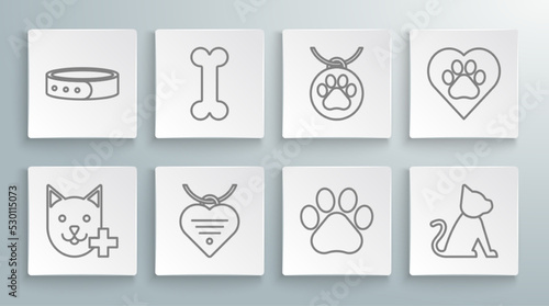 Set line Veterinary clinic symbol, Dog bone, Collar with name tag and heart, Paw print, Cat, Heart animals footprint and icon. Vector