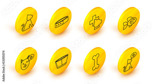 Set line Veterinary clinic symbol, Dog bone, Protective cone collar, Fish, Collar with name tag and Cat icon. Vector
