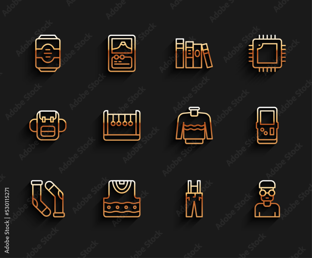 Set line Socks, Waistcoat, Energy drink, Pants with suspenders, Nerd geek, Pendulum, Tetris and Sweater icon. Vector Set line Socks, Waistcoat, Energy drink, Pants with suspenders, Nerd geek, Pendulum, Tetris and Sweater icon. Vector