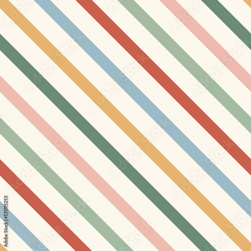 Xmas vintage multicoloured diagonal stripes vector seamless pattern. Geometric abstract background. Hippie Groovy Christmas Lines surface design.