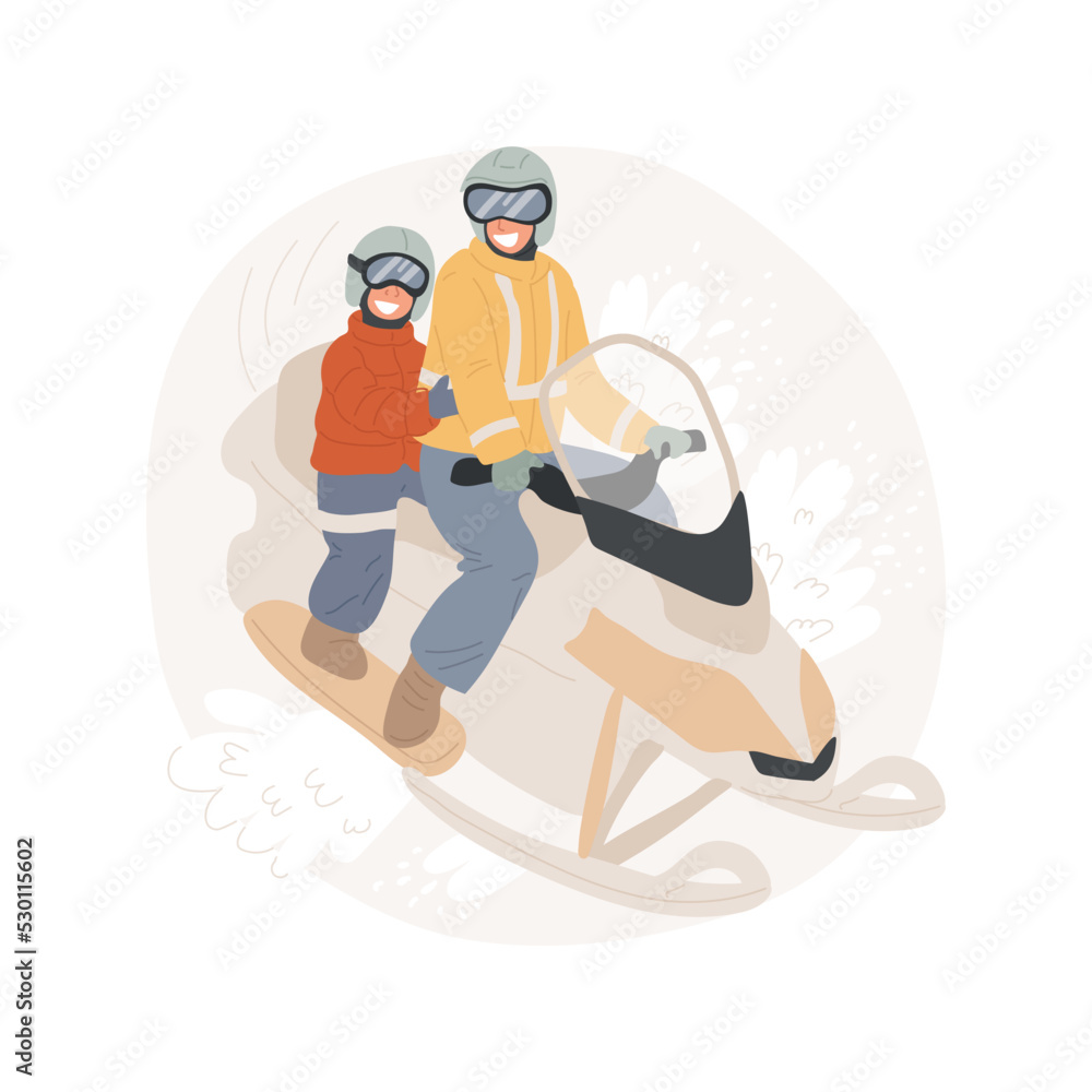 Snowmobile isolated cartoon vector illustration. Snowmobiling adventure, family winter recreation, seasonal resort, riding snowmobile together with kids, wearing helmet, holiday vector cartoon.