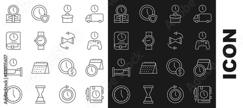 Set line Daily paper notepad, Calendar and clock, Gamepad of time, Work, Wrist watch, Time for book, money and Old hourglass with sand icon. Vector