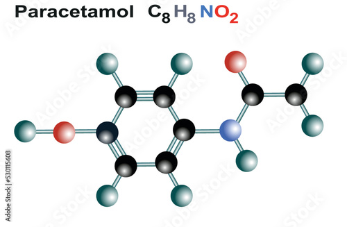 Paracetamol acetaminophen drug molecule. Sheet of paper in cage. Chemical formula and molecule model.