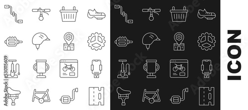 Set line Bicycle lane, Mobile holder, sprocket crank, basket, helmet, pedal, pedals and repair service icon. Vector