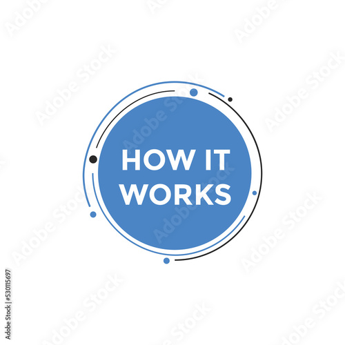 How it works text button. How it works sign speech bubble. Web banner label template. Vector Illustration
