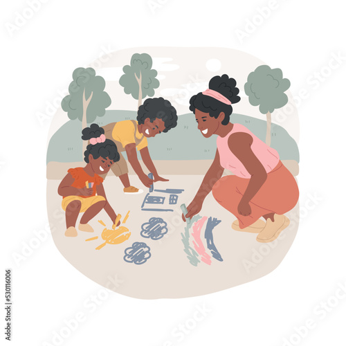 Chalk drawing on asphalt isolated cartoon vector illustration. Children and adults drawing pictures on asphalt, creative activity outdoors, colorful chalk, family leisure time vector cartoon.