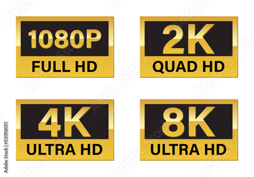 Set of video dimensions SD, HD, FHD, 4K, 6K, 8K. Set of video resolution isolated on white background. Vector stock