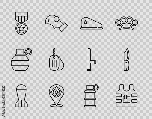 Set line Aviation bomb, Bulletproof vest, Military beret, Target sport, reward medal, dog tag, Hand smoke grenade and knife icon. Vector