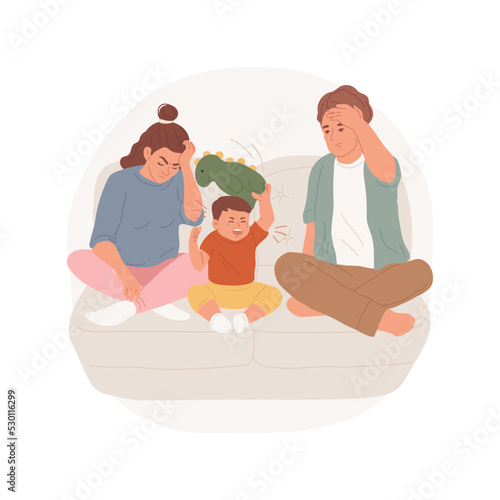 Disobedient child isolated cartoon vector illustration. Children upbringing, parents stressed, kid screaming, throwing a toy, disobedient toddler, hysterical behavior, bad mood vector cartoon.