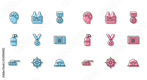 Set line Military tank, Target sport, Army soldier, barracks, reward medal, Dynamite bomb, Hand grenade and Bulletproof vest icon. Vector