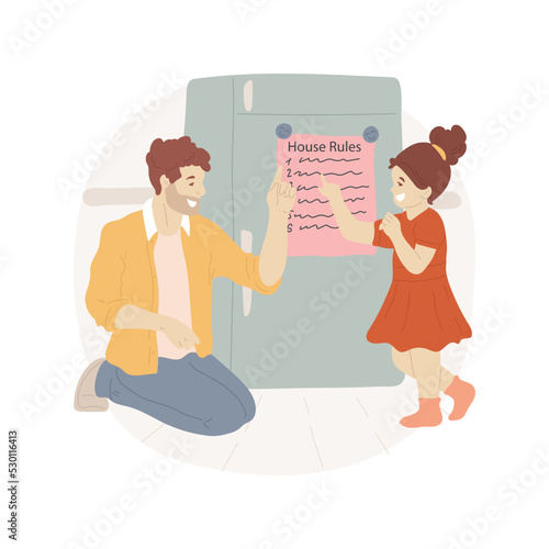 Rules of household isolated cartoon vector illustration. Parent pointing at the list with house rules hanging on the fridge, checklist for children, household good behavior vector cartoon.