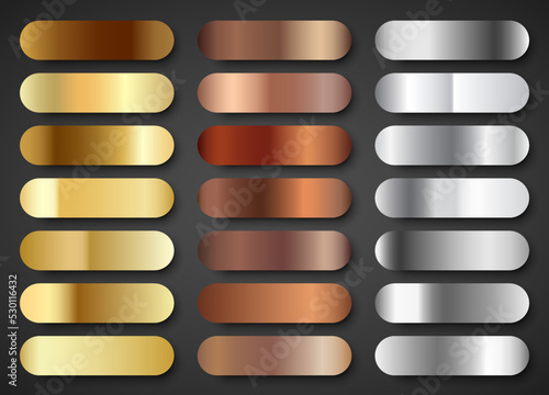 Set of metal gradients. Golden, bronze and silver. Vector isolated illustration.