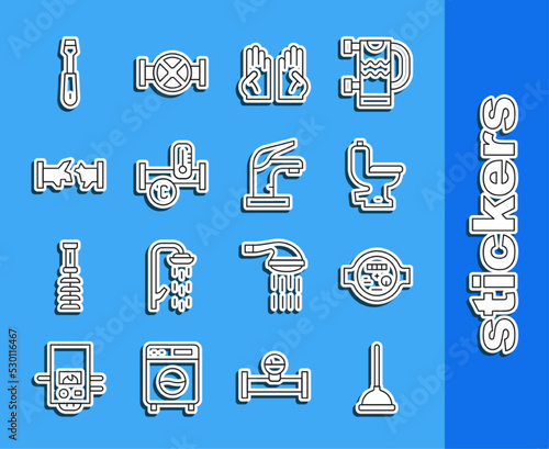 Set line Rubber plunger, Water meter, Toilet bowl, gloves, Industry metallic pipe, Broken, Screwdriver and tap icon. Vector