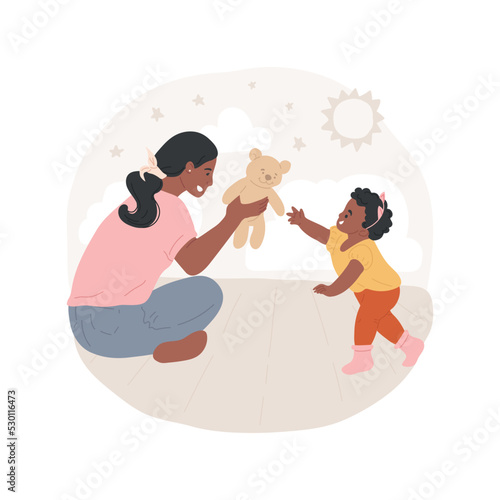 Challenge isolated cartoon vector illustration. Raising children, child learns to walk, baby challenged to reach out for toy, parents encourage kid to come closer, family life vector cartoon.