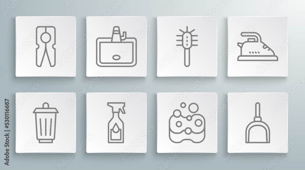 Set line Trash can, Washbasin, Cleaning spray bottle, Sponge, Dustpan, Toilet brush, Electric iron and Clothes pin icon. Vector Set line Trash can, Washbasin, Cleaning spray bottle, Sponge, Dustpan, Toilet brush, Electric iron and Clothes pin icon. Vector