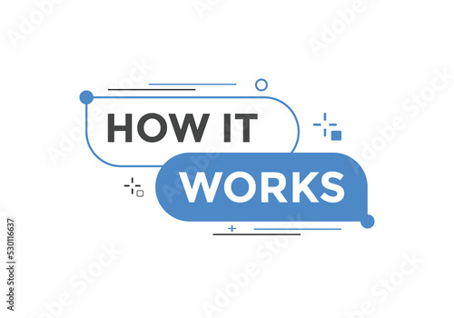 How it works text button. How it works sign speech bubble. Web banner label template. Vector Illustration
