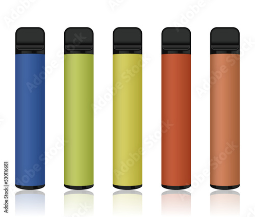 Realistic electronic cigarette mock-up. Colorful pod system. 5 color options. Vector illustration.