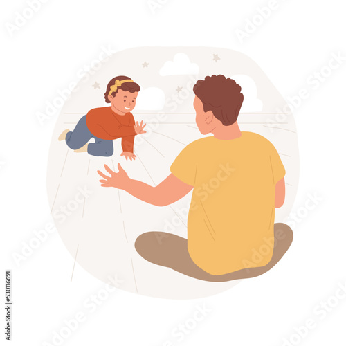Crawling isolated cartoon vector illustration. Baby crawling on the floor, parents stretch hands, encouraging infants development, parents raising children, physical activity vector cartoon.