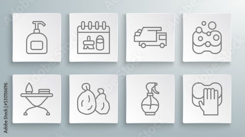 Set line Iron and ironing board, Cleaning calendar, Garbage bag, Water spray bottle, service, truck, Sponge and Bottle of liquid soap icon. Vector