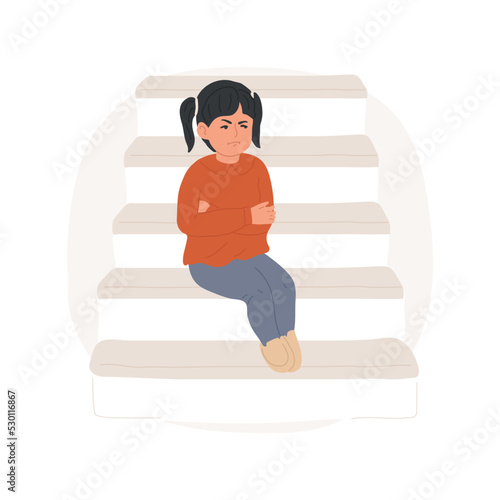 Naughty step isolated cartoon vector illustration. Parenting, obeying house rules, naughty step technique, child sitting on the steps offended, disciplining misbehaving kids vector cartoon.