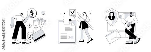 Website information page abstract concept vector illustration set. Fees and funding, terms and conditions, privacy policy, service cost, subscription fee, website menu bar, UI, UX abstract metaphor.