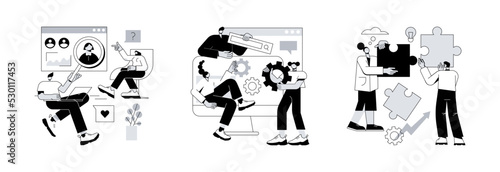 Effective team-working abstract concept vector illustration set. Discussion, collaboration, teamwork power, share opinion, brainstorming, corporate website, goal achievement abstract metaphor.