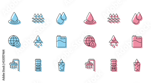 Set line Shower, Water cooler, drop, Glass with water, Recycle clean aqua, Big bottle, Earth planet in and Wave icon. Vector