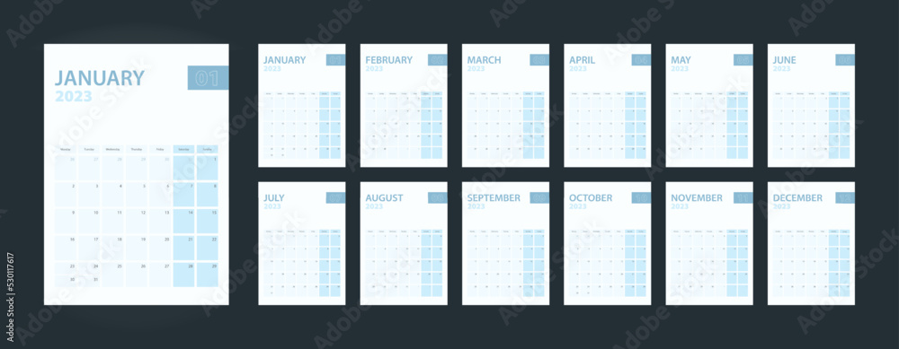 Vertical calendar 2023, set of 12 pages of calendar 2023. - obrazy, fototapety, plakaty 