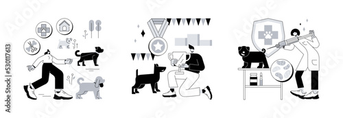 Animal care services abstract concept vector illustration set. Pet services, breed club, rabies and pet, dog walking, grooming salon, dog standard, training service, vaccination abstract metaphor.