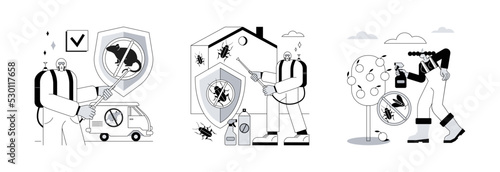 House and garden protection abstract concept vector illustration set. Rodents pest control service, home insects control, garden pests, rats trapping, vermin exterminator abstract metaphor.